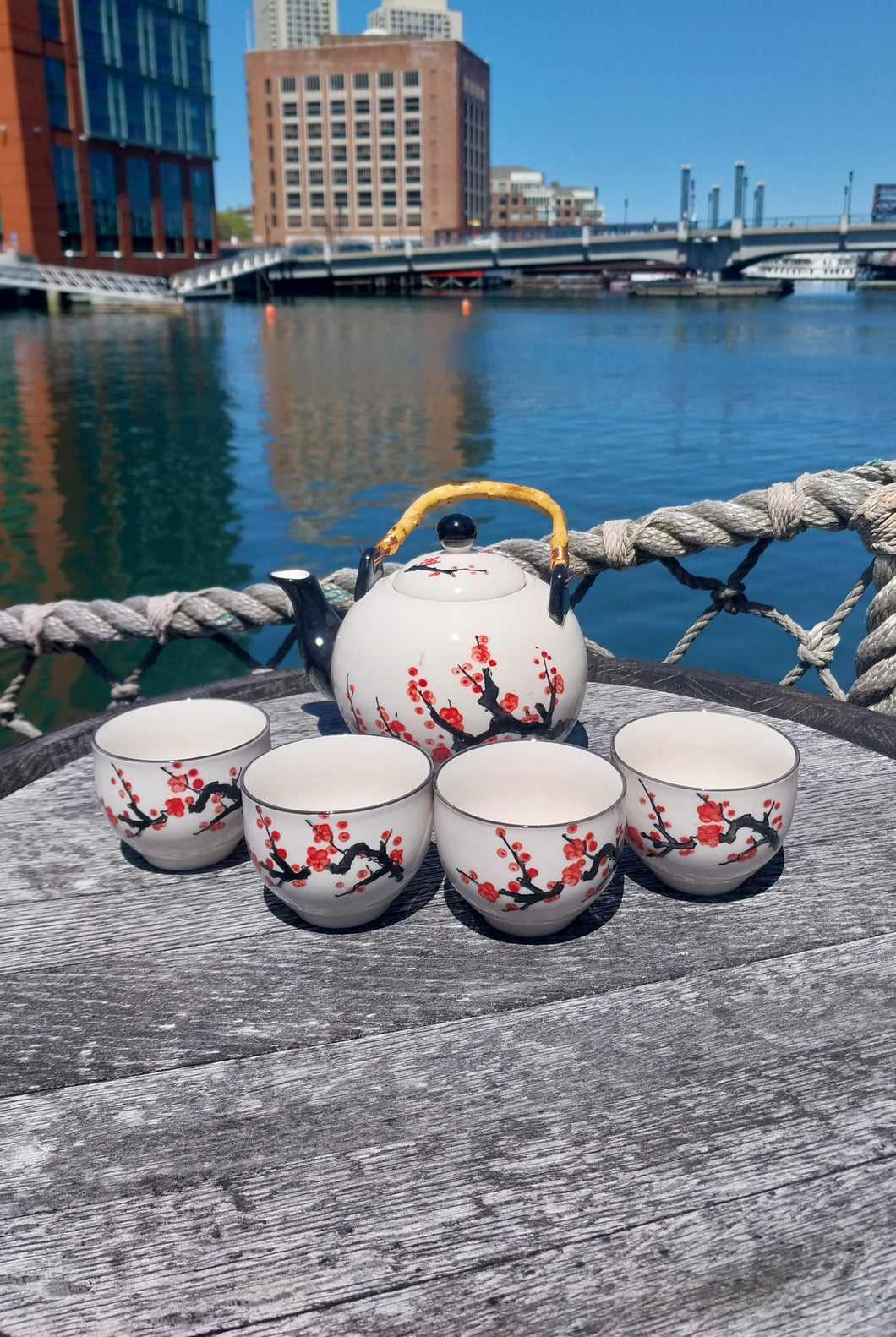 Cherry Blossom Japanese Style Tea Set w/ Bamboo handle