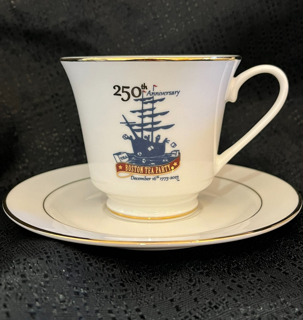 250th White and Gold Mug with Saucer